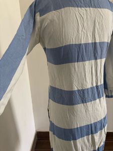 Blue &amp; White Striped Embroidered Kurti