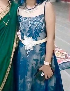 Blue Floral Illusion Neckline Dress