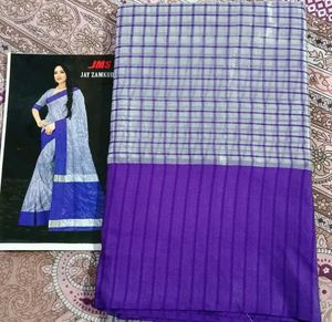 Blue & Silver Plaid Saree