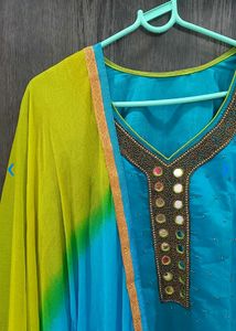 Sky Blue &amp; NEON Green Silk Salwar Suit Set
