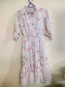 Beautiful Floral Printed White Korean Style Dress