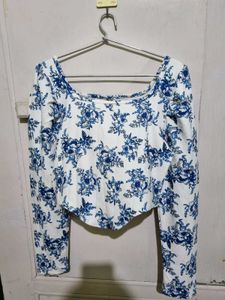 Blue And White Floral Print Long Sleeve Top