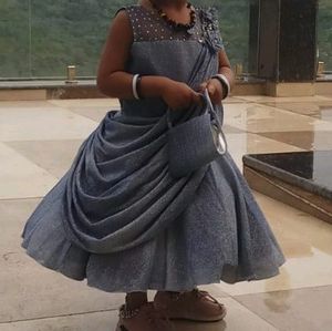 Sparkling Blue Asymmetric Party Frock &amp; Bag