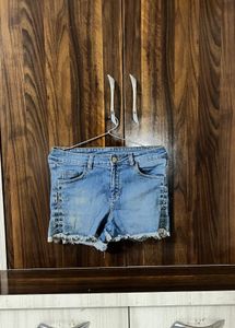 NUON Blue Distressed Studded Sides Denim Shorts