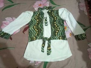 Girls White Tunic Top with green banarasi design