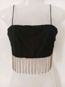 Stylish Black Fringe Crop Top