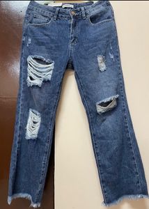 Straight Ripped Mid Waist Denim Jeans