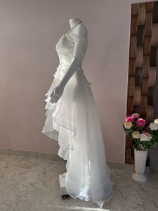 High low white organza-lace gown