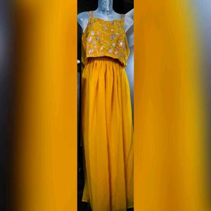 Women Yellow Ethnic Gown With Shrug ( 3 Piece Set)