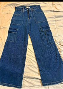 Wide Leg Denim Cargo Pants