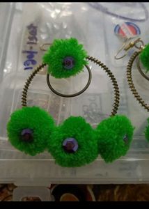 Green Pom-Pom Hoop Earrings