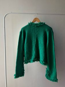 SOLID V-NECK FRINGE BUTTON UP OVERSIZED CARDIGAN