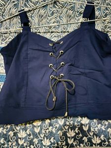 Navy Lace-Up Crop Top With Pant Co-ord Set