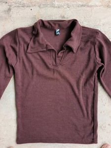 Brown Collar Ribbed Top
