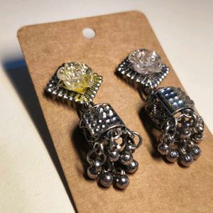 Silver Jhumka Earrings with Rose Detail