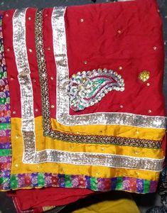 Red &amp; Gold Embellished Indian Saree