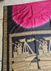 Pink &amp; Black Ship Print Saree
