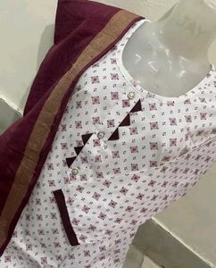 Maroon &amp; White Printed Kurta Set