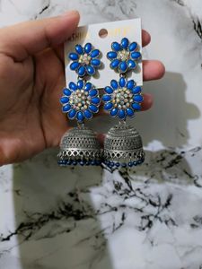 Women Fashion Earrings Blue Stones Oxidised Silver