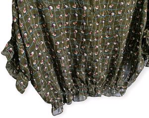 Olive Green Patterned Ruffle Sleeve Blouse