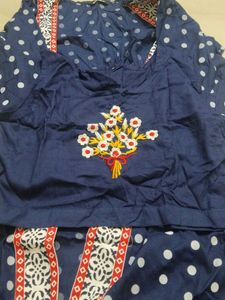 Blue Polka Dot Dress with Floral Embroidery