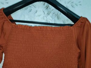 Rust Smocked Square Neck Blouse