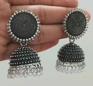 OXIDISED SILVER TONE JHUMKA EARRINGS