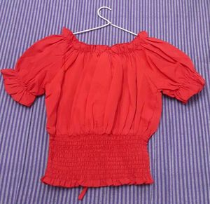 Red Smocked Peasant Top