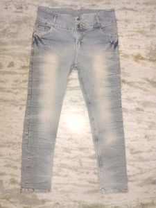 High Waisted Grey Jeans With Dark Blue Design