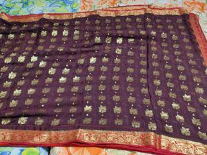 Brown And Red Crepe Silk Saree