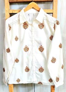 Embroidered offWhite Cotton Shirt-44-46