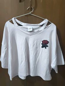 White Crop Top with Rose Patch