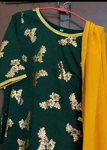 Green &amp; Gold Embellished Sharara Suit