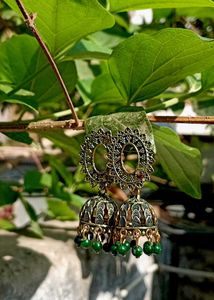 Green Beaded Jhumka Earrings