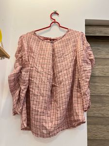 Pink Plaid Ruched Sleeve Top