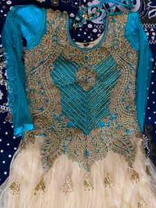 Elegant Teal &amp; Gold Anarkali Dress