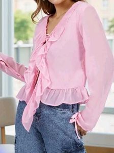 Pink Ruffle V-Neck Blouse