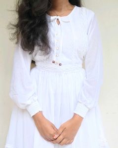 White Lace Georgette Dress – Adjustable Waist (M)
