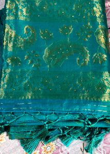 Teal &amp; Gold Embellished Saree