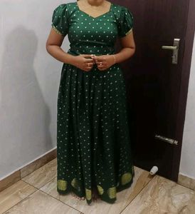 New Green Pattupavada With Golden Print