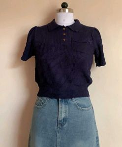 Cute Navy Knit Polo Top