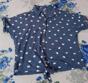 Blue Polka Dot Tie-Front Shirt