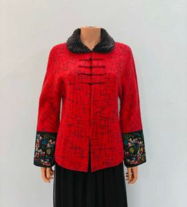 Red Embroidered Faux Fur Collar Jacket