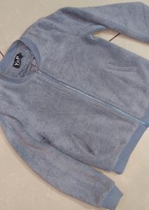 Denim Blue Color Woolen Jacket With Fur Look