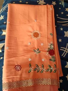 Orange Floral Embroidered Saree