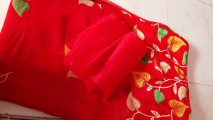 Red Leaf Print Saree with blouse piece unused