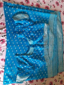 Blue Paisley Silk Saree With Blouse.