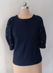 Navy Puff Sleeve Top with Pearl Detail