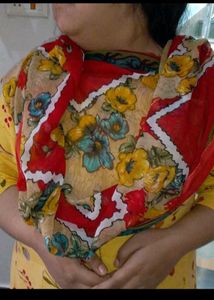 Floral Print Dupatta yellow red net