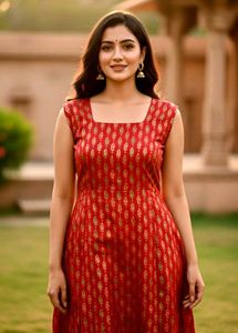 Elegant Red Gold Print Sleeveless Ethnic Dress